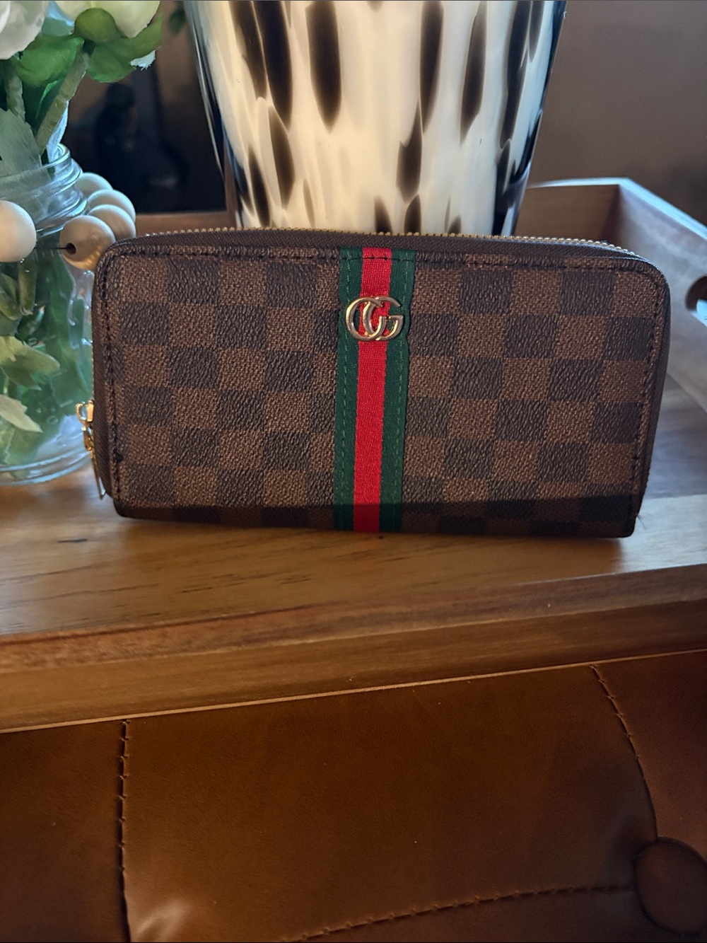 Brown Checkered Zip Wallet with Red & Green Stripe